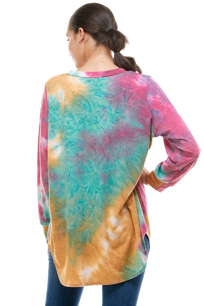 ATP-2321FT-A02 Tie Dye Oversized Long Sleeve Crew Neck Tunic | Made in USA | Azules Wholesale