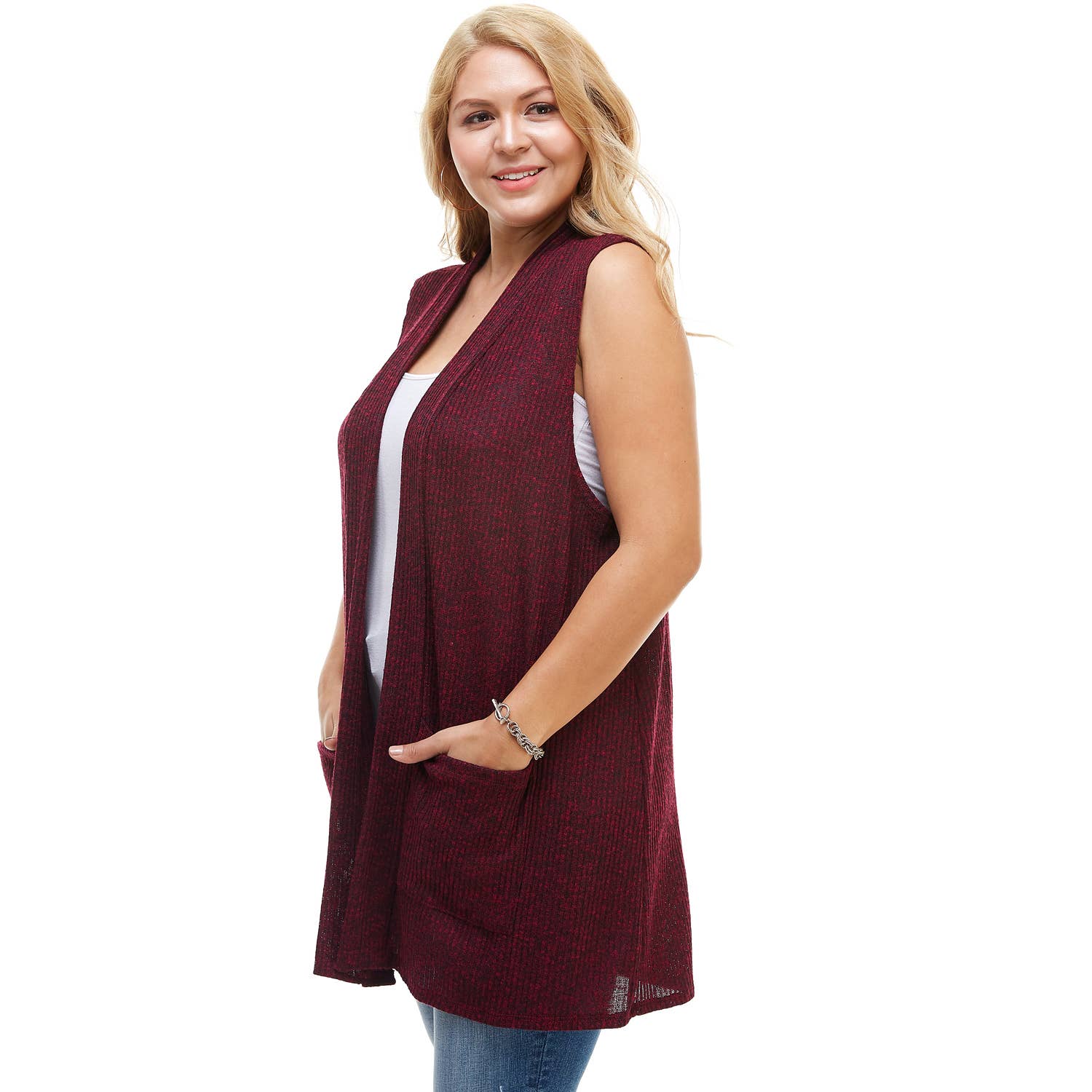 AJK-3012HC PLUS SIZE Ribbed Sleeveless Cardigan with Pockets | Made in USA | Azules Wholesale