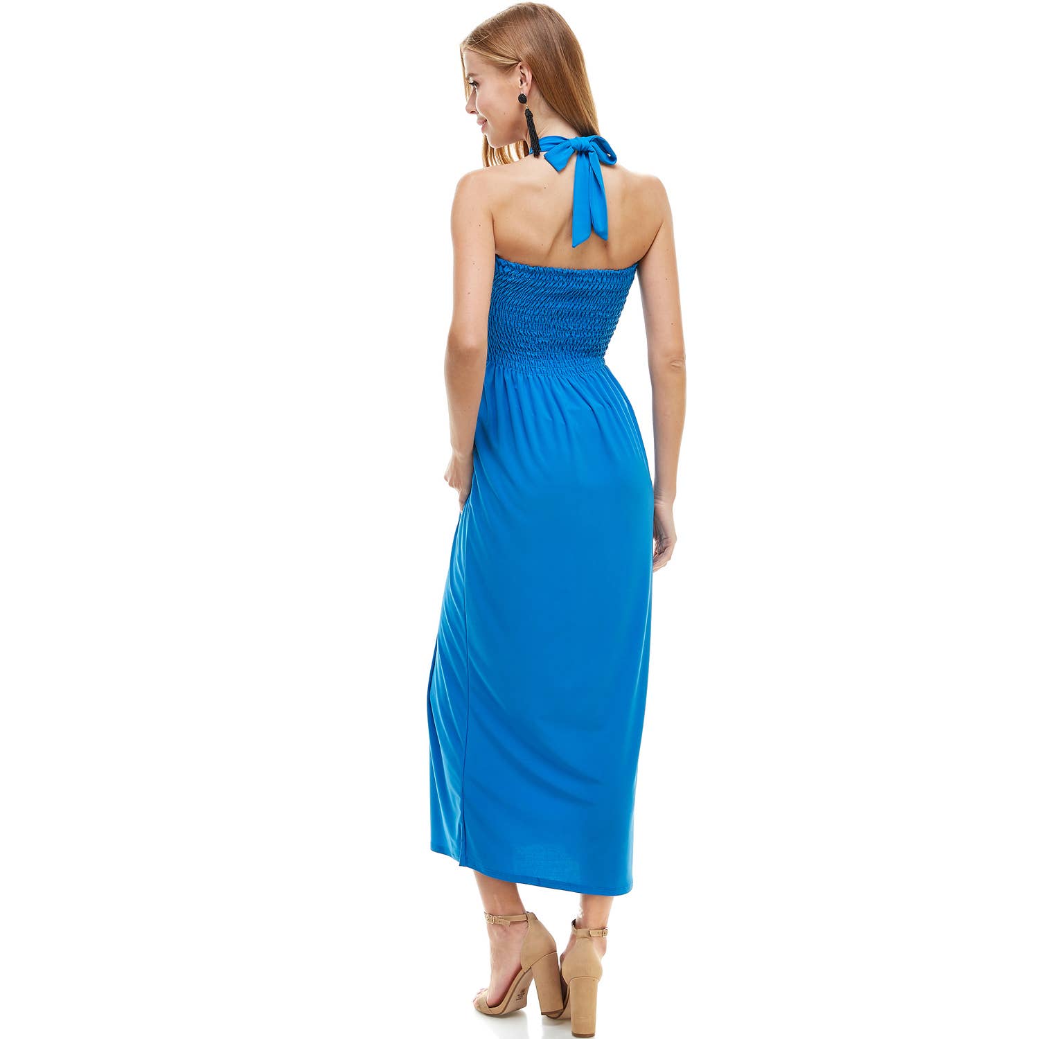 ADL-8268PS Halter Smocked Maxi Dress with Shirred Upper Top | Made in USA | Azules Wholesale