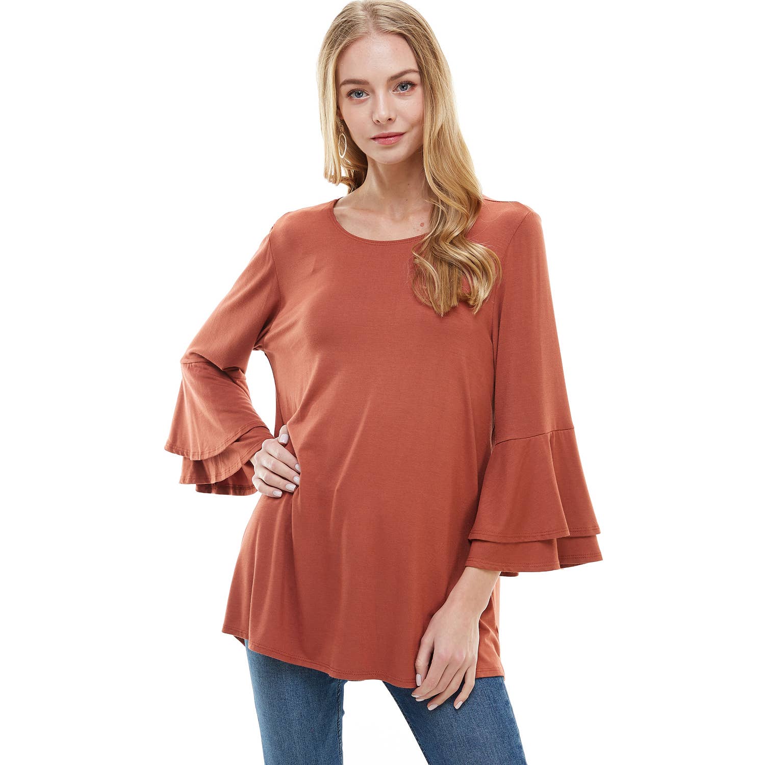 ATP-2314RS Rayon/Spandex Tunic With Double Layer Bell Sleeve | Made in USA | Azules Wholesale