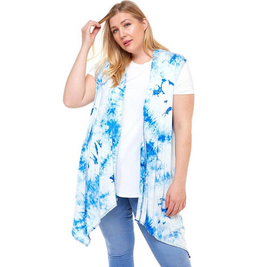 AJK-2071RSX Plus Size Tie Dye Print Asymmetric Vest | Made in USA | Azules Wholesale