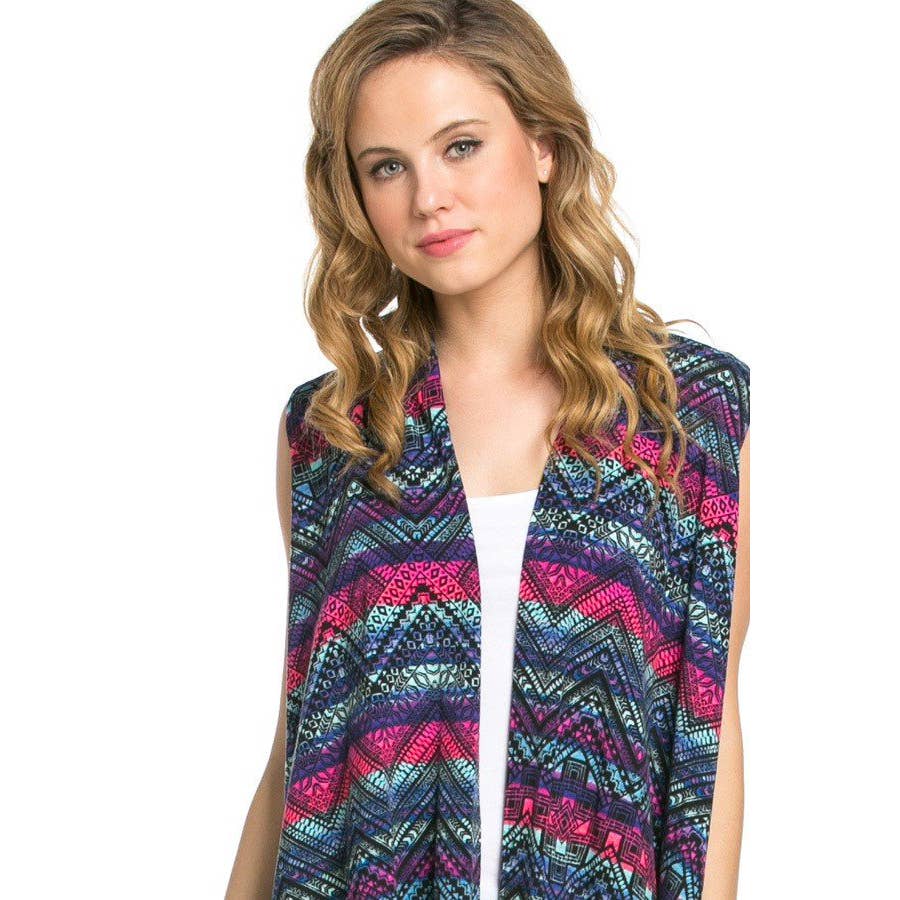 AJK-2071PR- Multi Print Sleeveless Cardigan Vest | Made in USA | Azules Wholesale