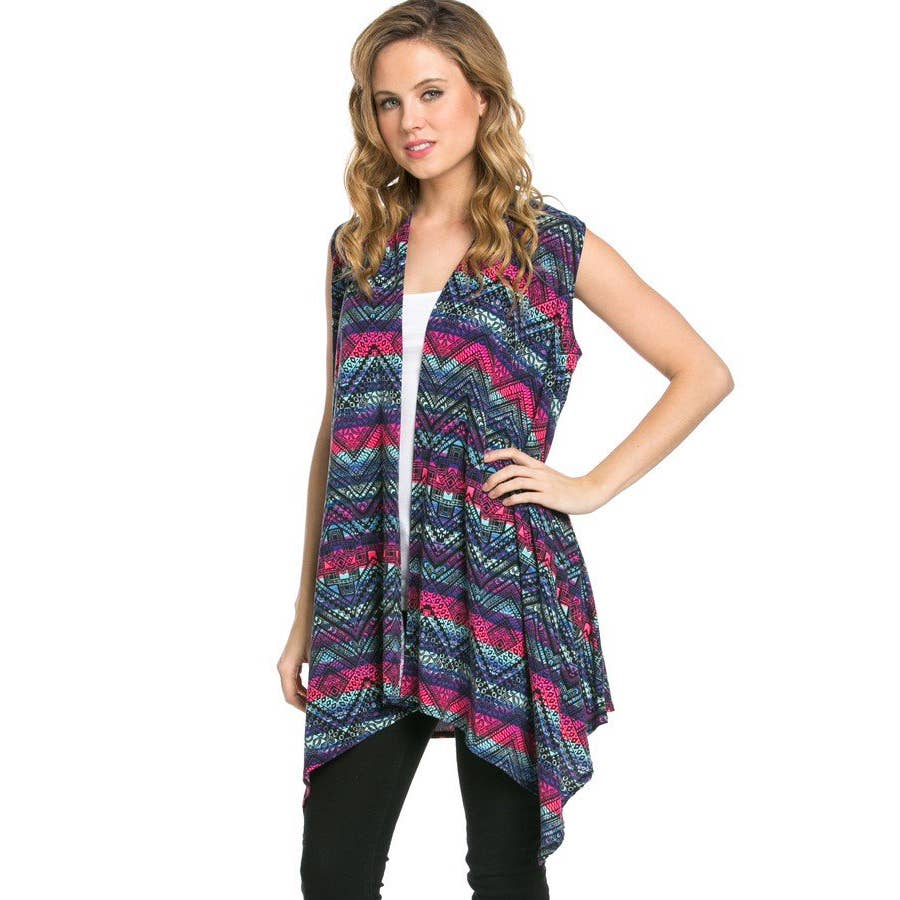 AJK-2071PR- Multi Print Sleeveless Cardigan Vest | Made in USA | Azules Wholesale