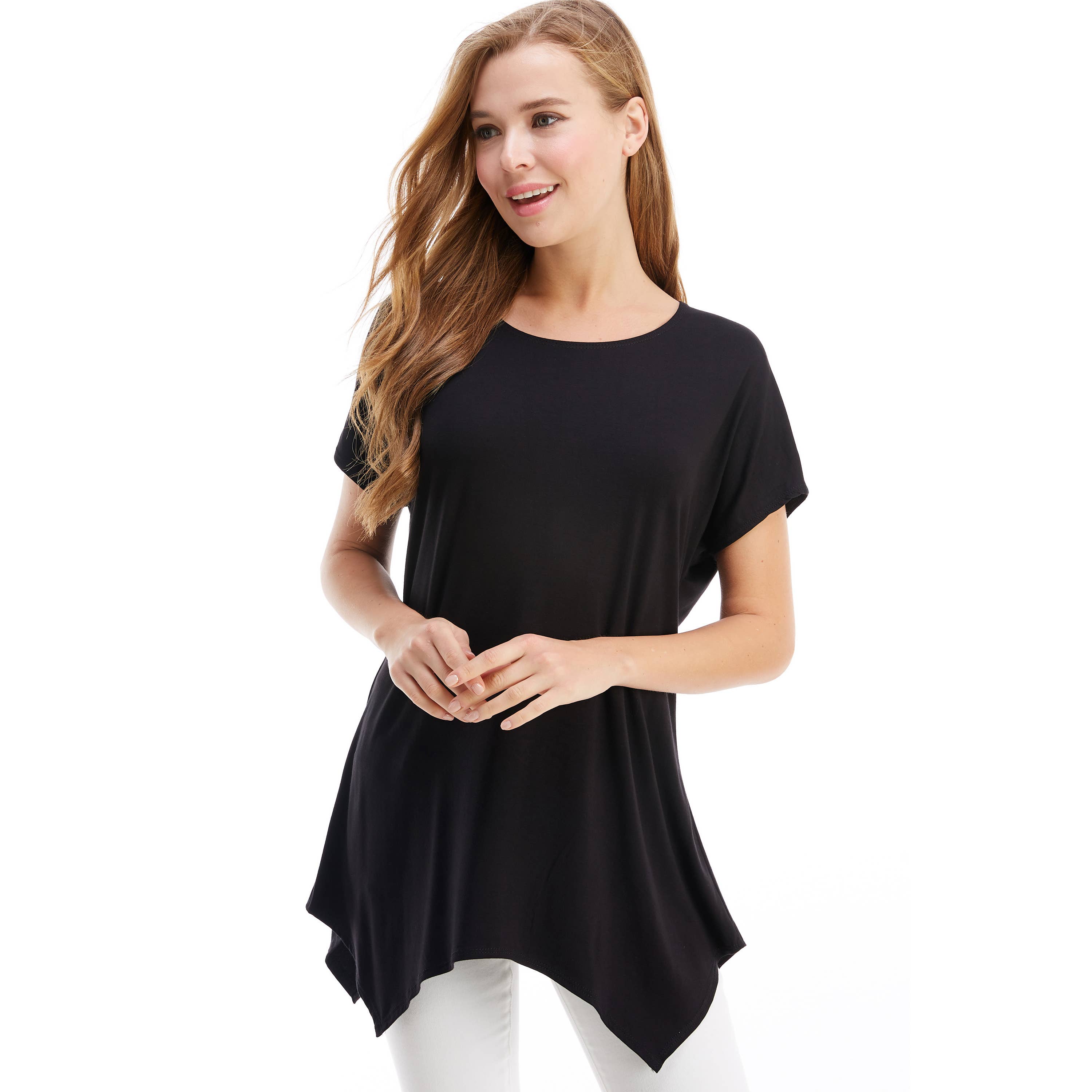 ATP-2307RS Cap Sleeve Basic Asymmetric Tunic | Made in USA | Azules Wholesale