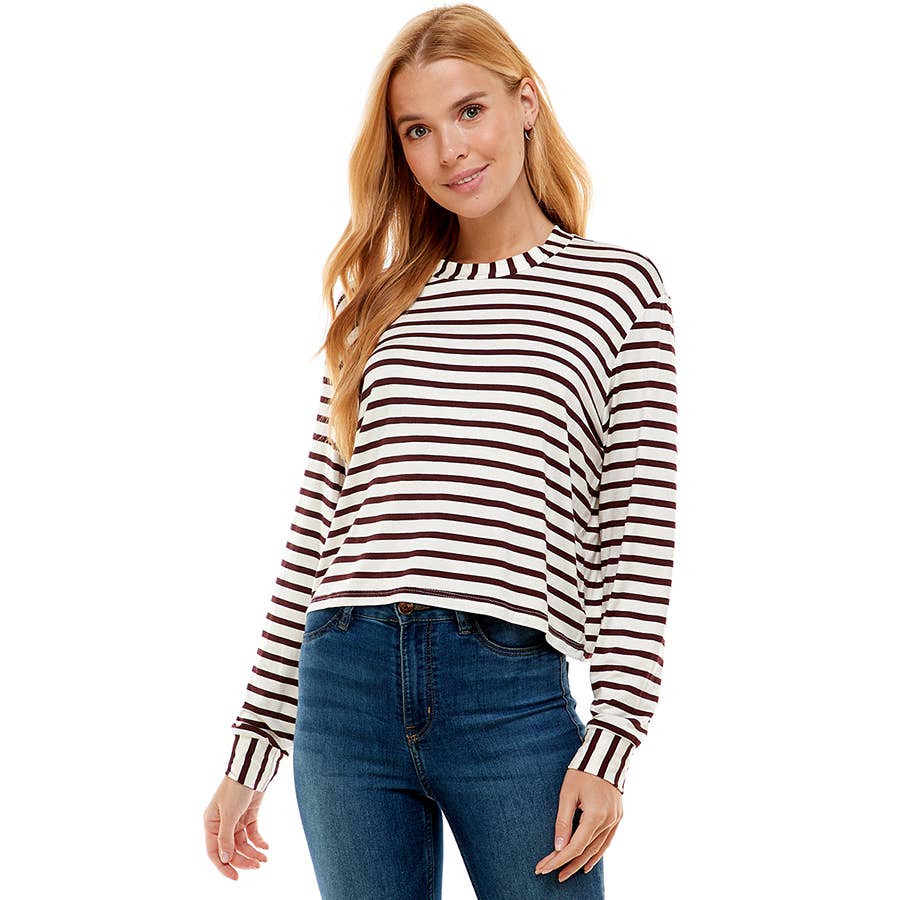 ATP-2331RS-Women's Crew Neck Stripe Print Long Sleeves Top | Made in USA | Azules Wholesale