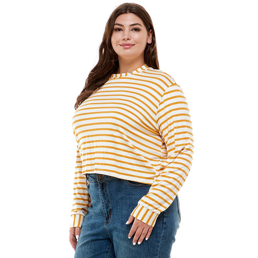 ATP-2331RS-PLUS SIZE Crew Neck Stripe Print LongSleeves Top | Made in USA | Azules Wholesale