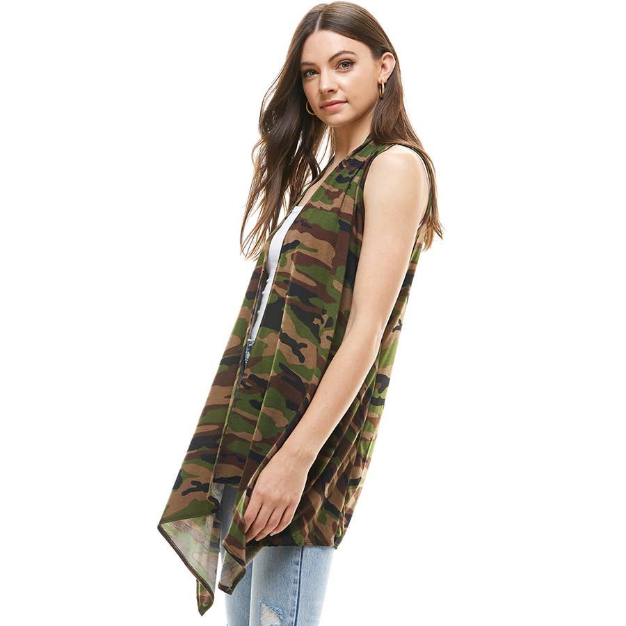 AJK-2071PS- Camo Print Sleeveless Cardigan Vest | Made in USA | Azules Wholesale