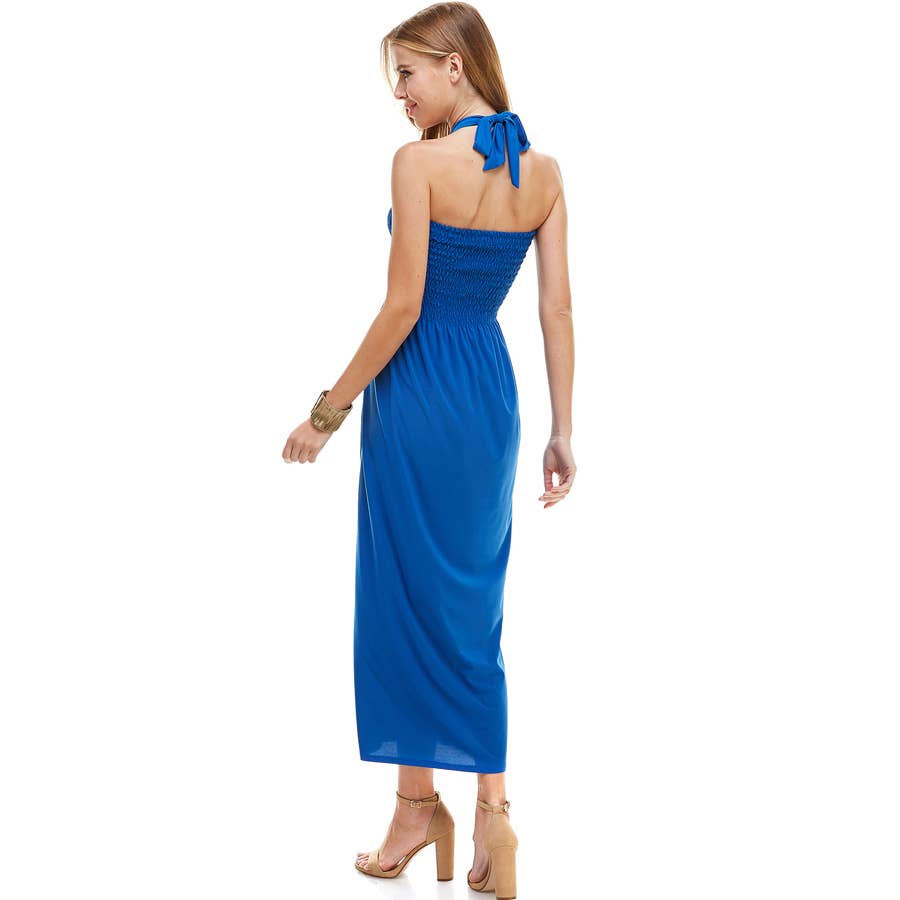 ADL-8268PS Halter Smocked Maxi Dress with Shirred Upper Top | Made in USA | Azules Wholesale