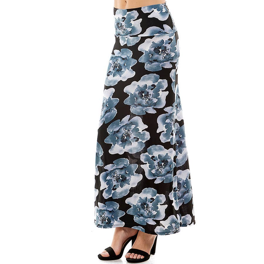 ASK-9001PS High Waisted Floral Print Maxi Skirt | Made in USA | Azules Wholesale