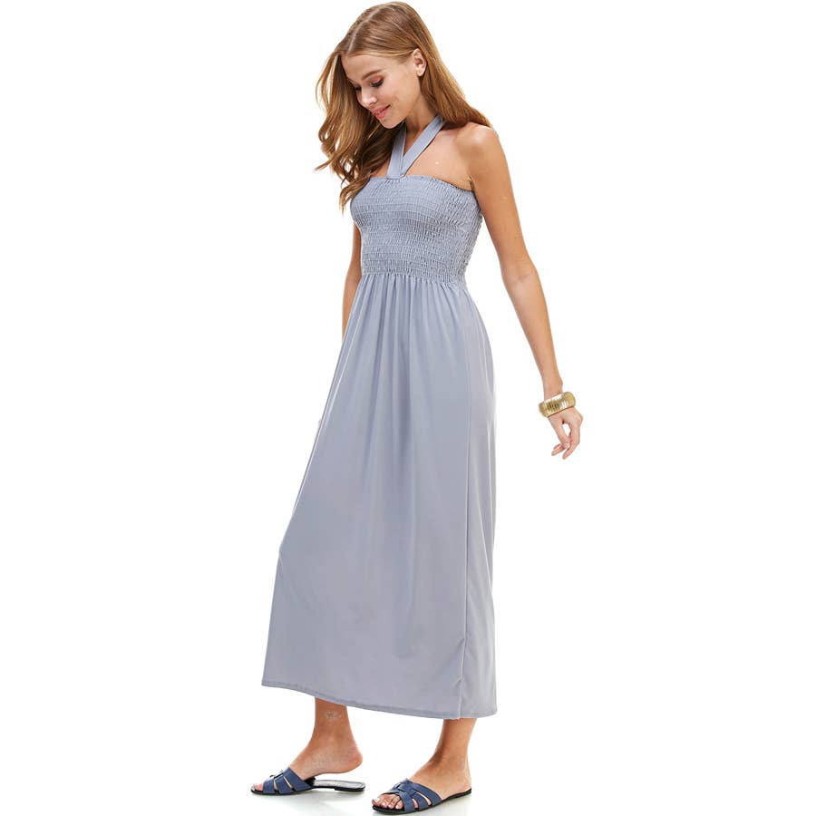 ADL-8268PS Halter Smocked Maxi Dress with Shirred Upper Top | Made in USA | Azules Wholesale