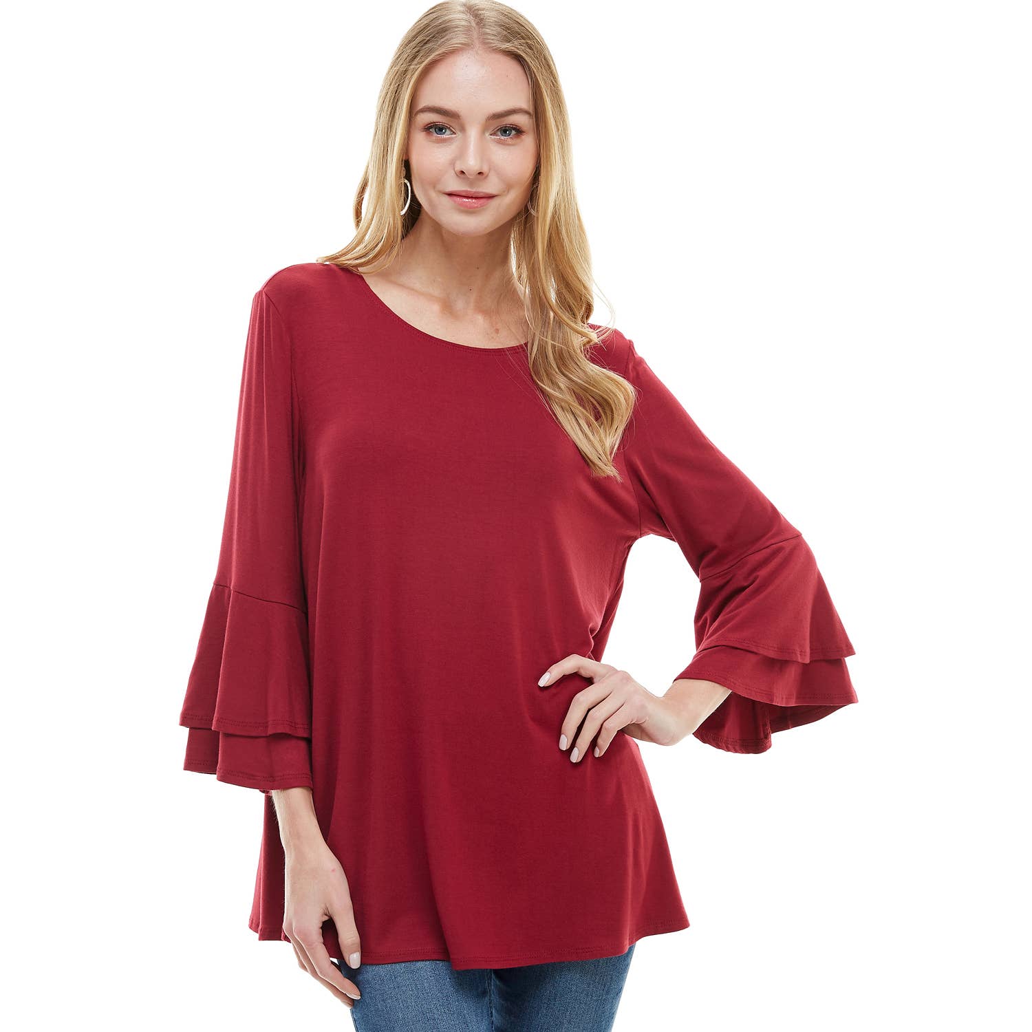 ATP-2314RS Rayon/Spandex Tunic With Double Layer Bell Sleeve | Made in USA | Azules Wholesale