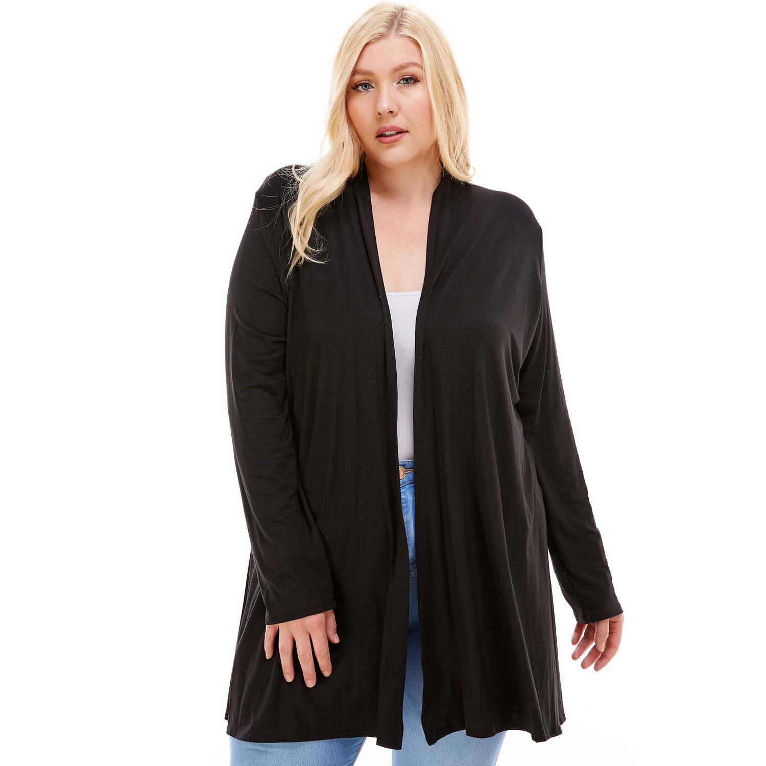 AJK-3001RSX Plus Size Long Sleeve Open Front Drape Cardigan | Made in USA | Azules Wholesale