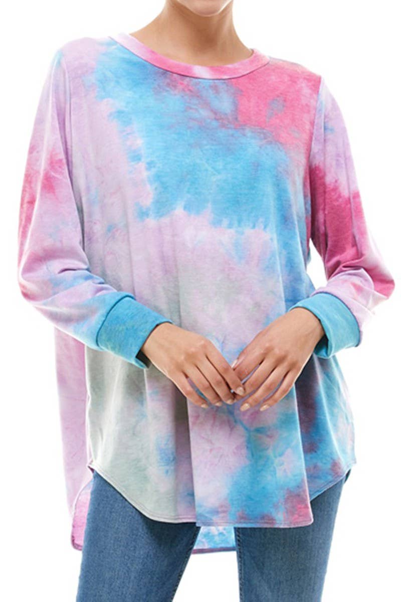 ATP-2321FT-A08 Tie Dye Oversized Long Sleeve Crew Neck Tunic | Made in USA | Azules Wholesale