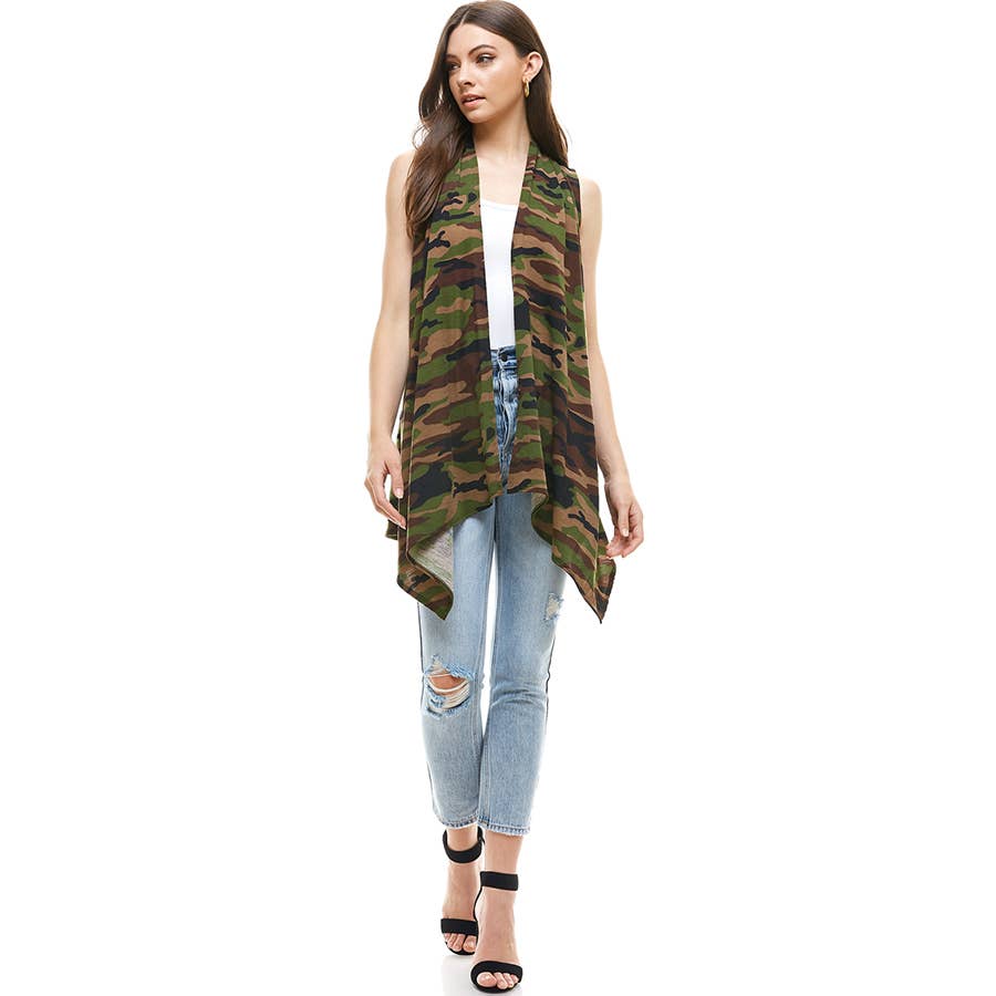 AJK-2071PS- Camo Print Sleeveless Cardigan Vest | Made in USA | Azules Wholesale