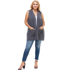 AJK-3012HC PLUS SIZE Ribbed Sleeveless Cardigan with Pockets | Made in USA | Azules Wholesale