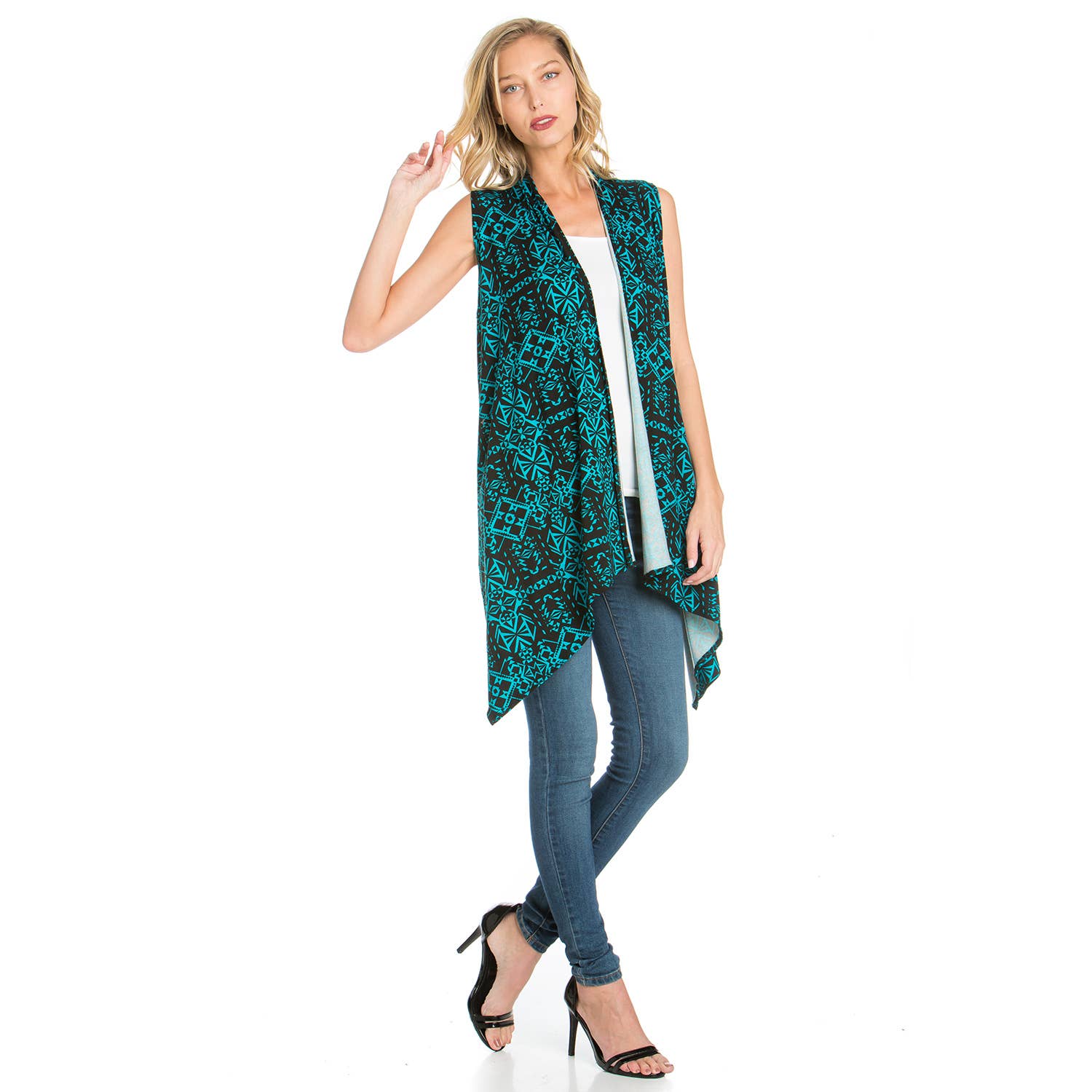 AJK-2071RS-High Low Asymmetric Sleeveless Vest Print | Made in USA | Azules Wholesale