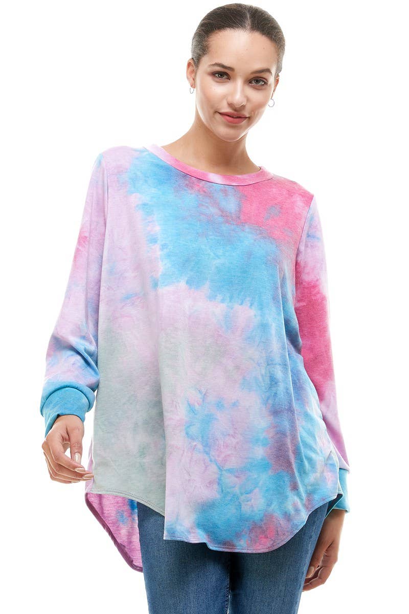 ATP-2321FT-A08 Tie Dye Oversized Long Sleeve Crew Neck Tunic | Made in USA | Azules Wholesale