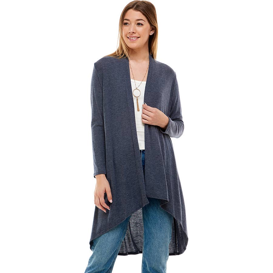 AJK-2063HC Super Soft Open Front Drape High Low Long Cardi | Made in USA | Azules Wholesale