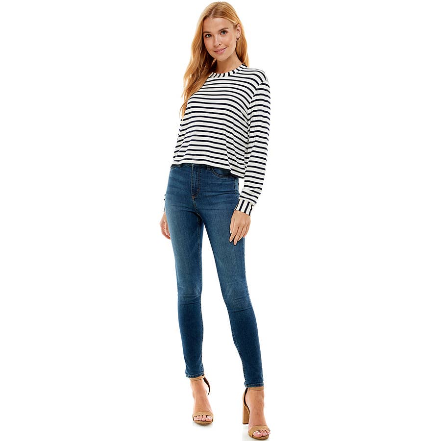 ATP-2331RS-Women's Crew Neck Stripe Print Long Sleeves Top | Made in USA | Azules Wholesale