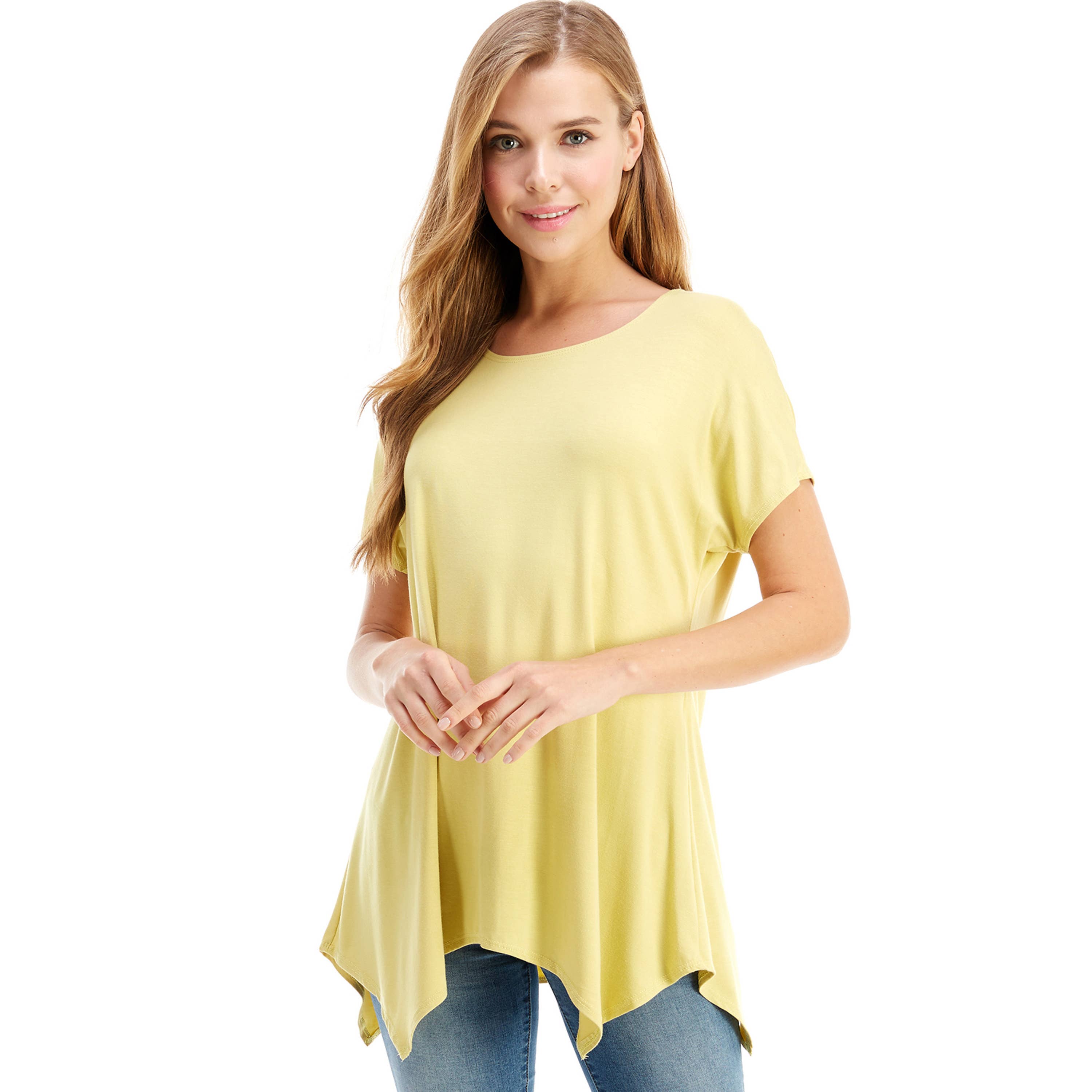 ATP-2307RS Cap Sleeve Basic Asymmetric Tunic | Made in USA | Azules Wholesale