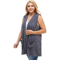 AJK-3012HC PLUS SIZE Ribbed Sleeveless Cardigan with Pockets | Made in USA | Azules Wholesale