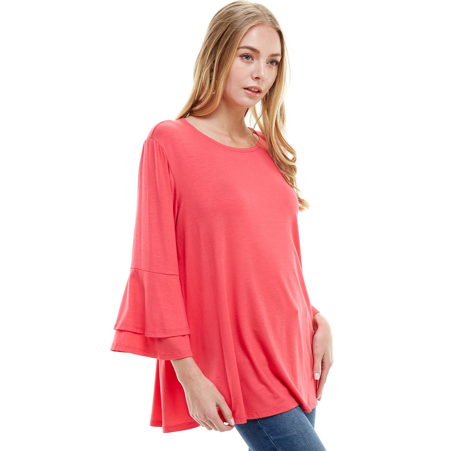 ATP-2314RS Rayon/Spandex Tunic With Double Layer Bell Sleeve | Made in USA | Azules Wholesale