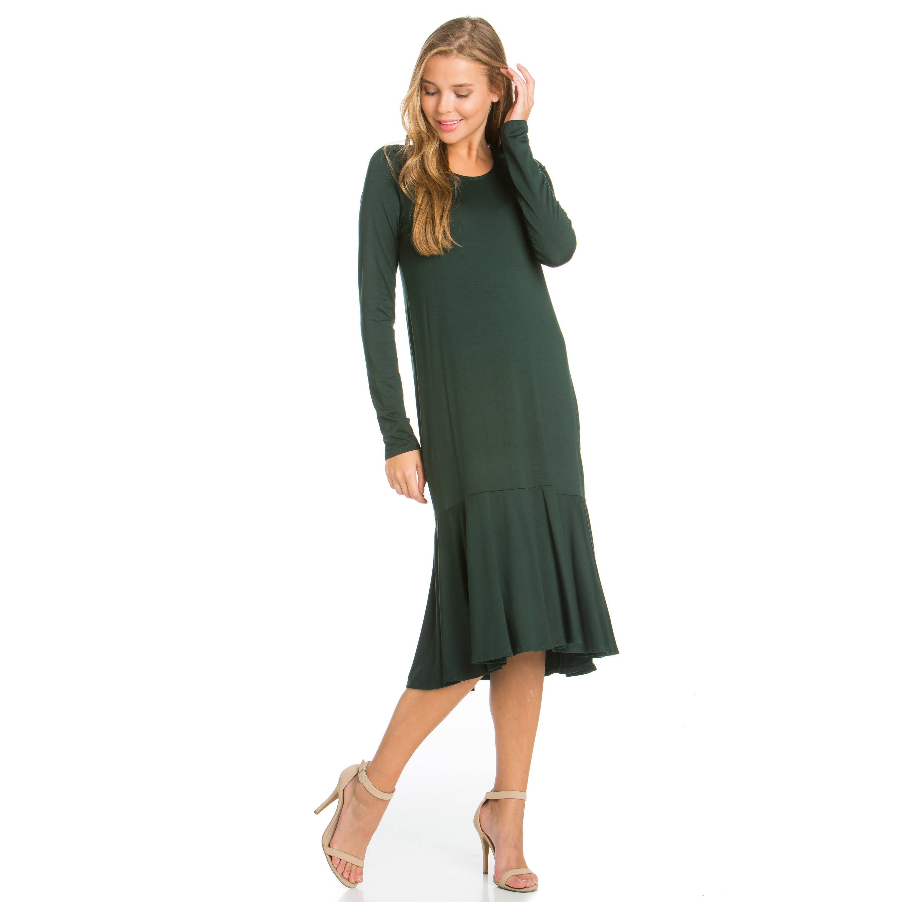 ADM-8258RS Ruffle Hem Long Sleeve Midi Dress | Made in USA | Azules Wholesale