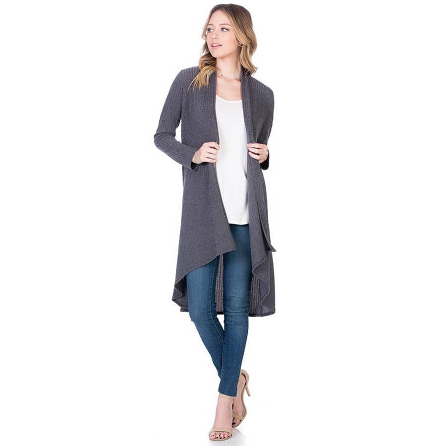 AJK-2063HC-High Low Open Front Ribbed Cardigan | Made in USA | Azules Wholesale