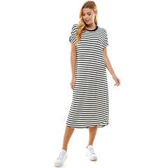 ADL-8252RS-Women's Loose fit Crew Neck Print Midi Dress | Made in USA | Azules Wholesale