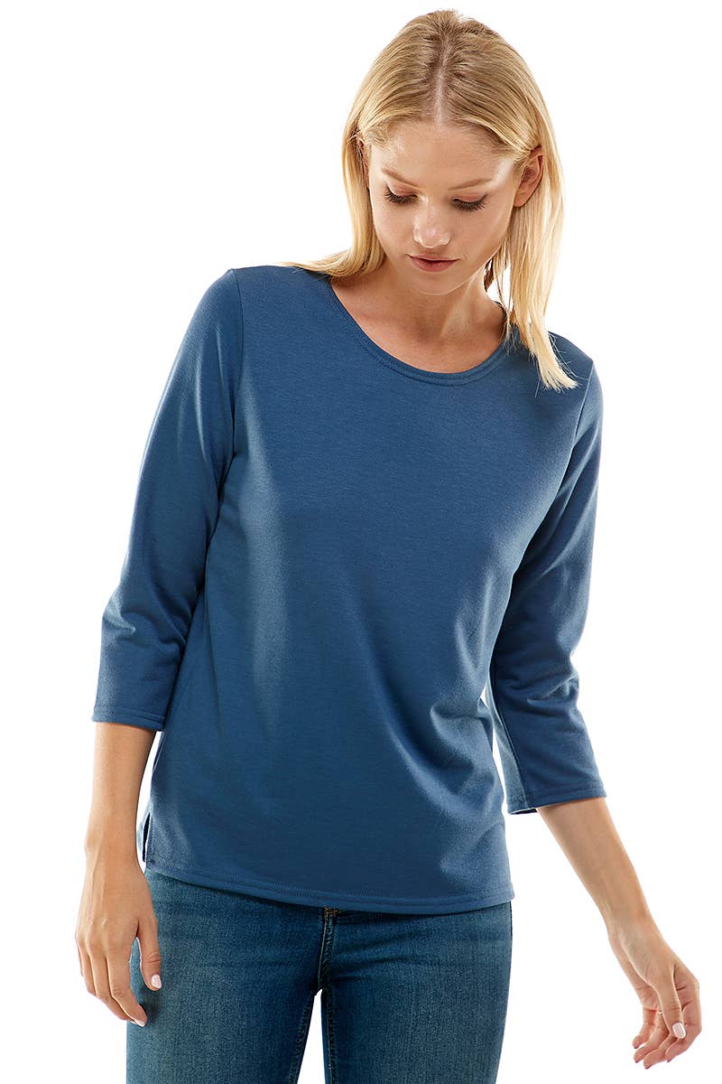 ATP-2337FT-WOMEN'S 3/4 SLEEVES SIDE SLIT FRENCH TERRY TOP | Made in USA | Azules Wholesale