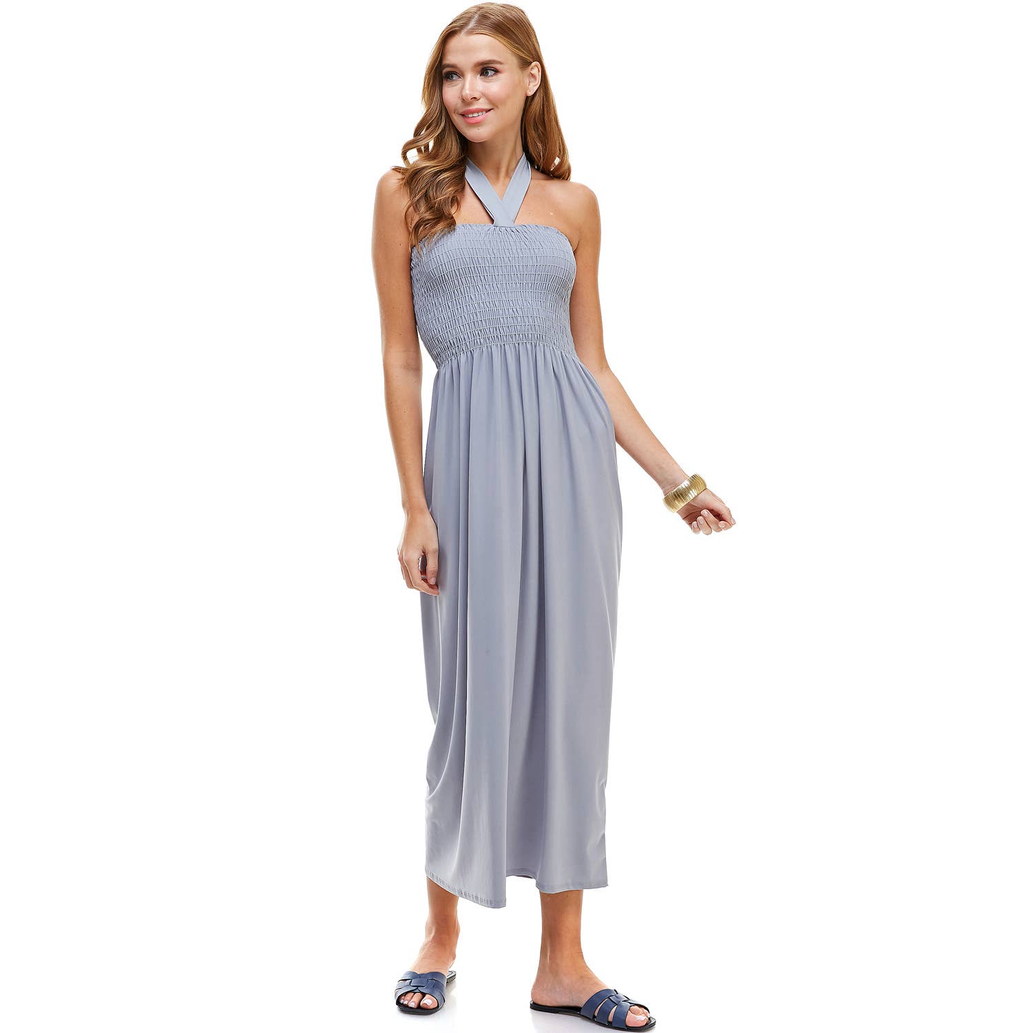 ADL-8268PS Halter Smocked Maxi Dress with Shirred Upper Top | Made in USA | Azules Wholesale