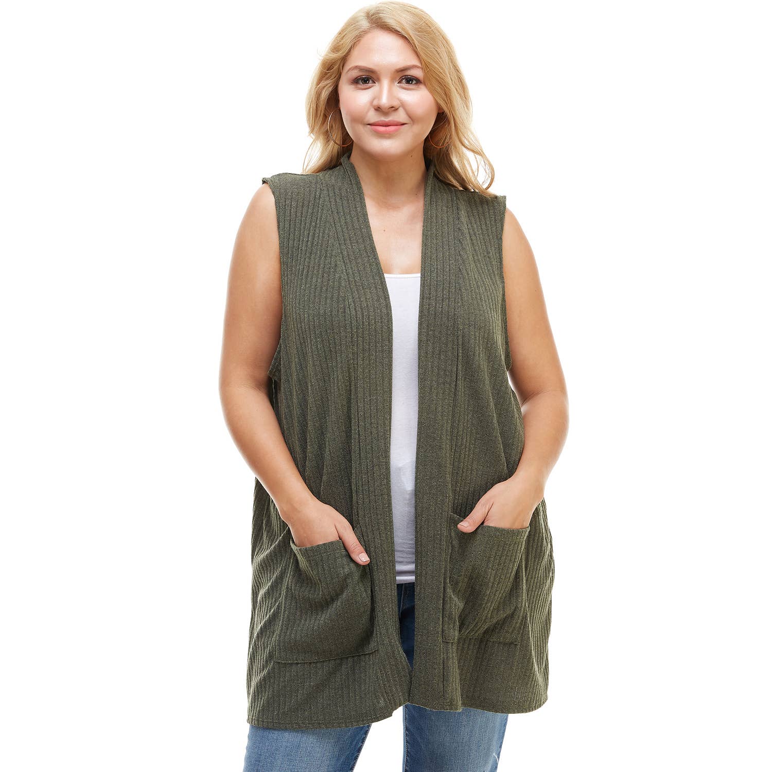 AJK-3012HC PLUS SIZE Ribbed Sleeveless Cardigan with Pockets | Made in USA | Azules Wholesale