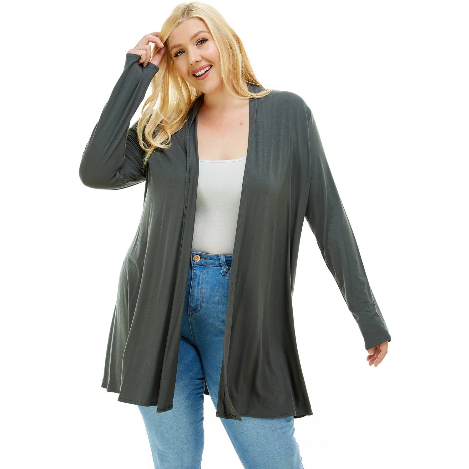 AJK-3001RSX Plus Size Long Sleeve Open Front Drape Cardigan | Made in USA | Azules Wholesale