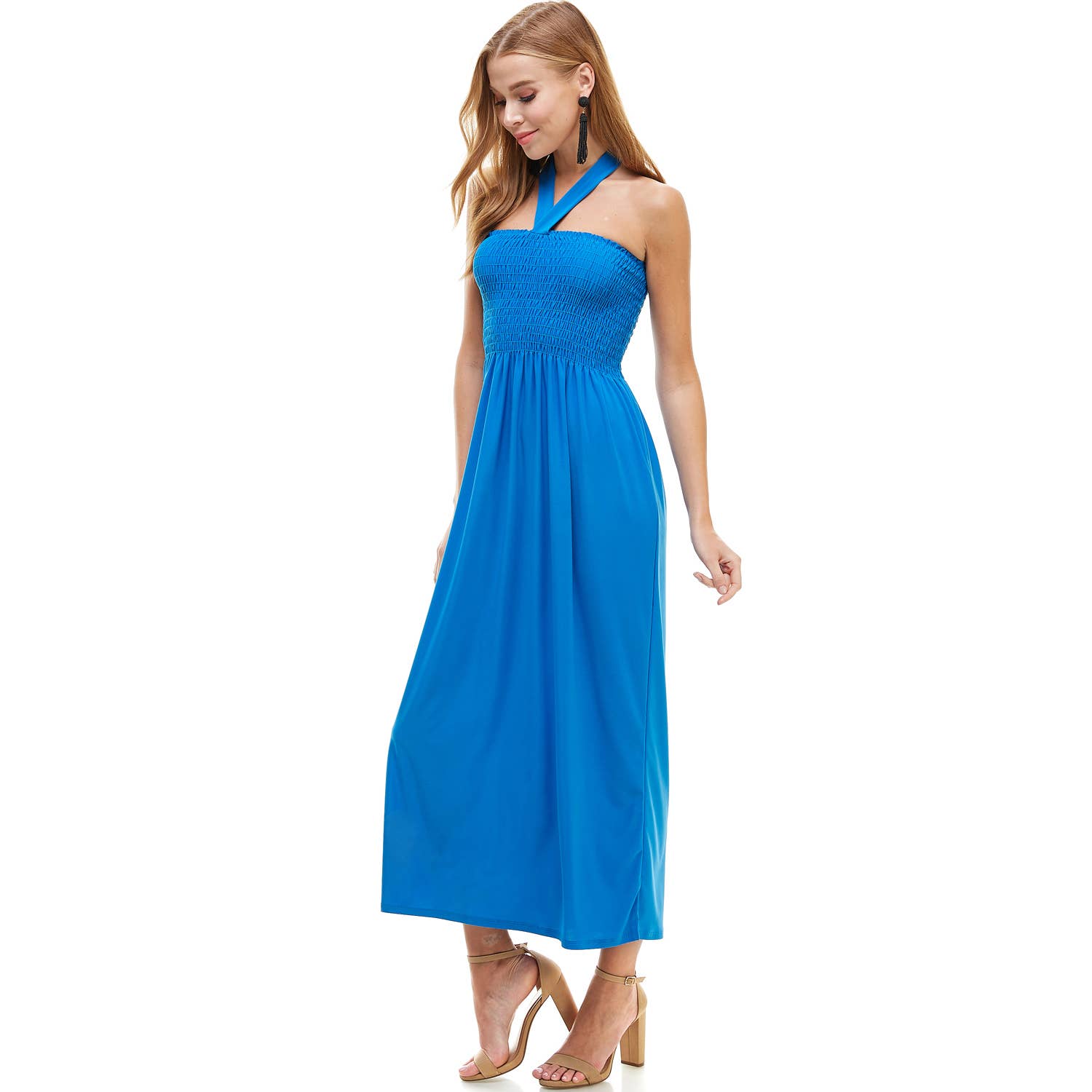 ADL-8268PS Halter Smocked Maxi Dress with Shirred Upper Top | Made in USA | Azules Wholesale