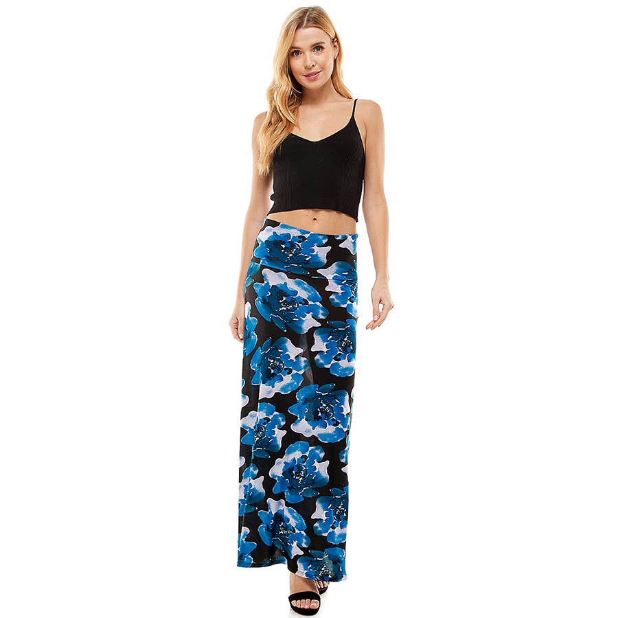 ASK-9001PS High Waisted Floral Print Maxi Skirt | Made in USA | Azules Wholesale