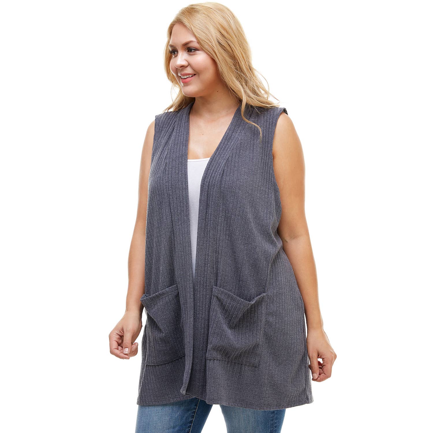 AJK-3012HC PLUS SIZE Ribbed Sleeveless Cardigan with Pockets | Made in USA | Azules Wholesale