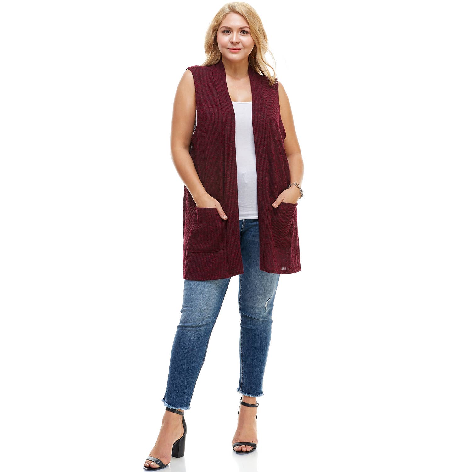 AJK-3012HC PLUS SIZE Ribbed Sleeveless Cardigan with Pockets | Made in USA | Azules Wholesale