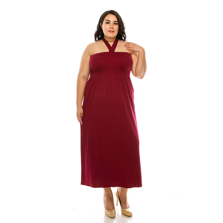 ADL-8268RSX-PLUS SIZE Halter Maxi Dress with Smocking | Made in USA | Azules Wholesale