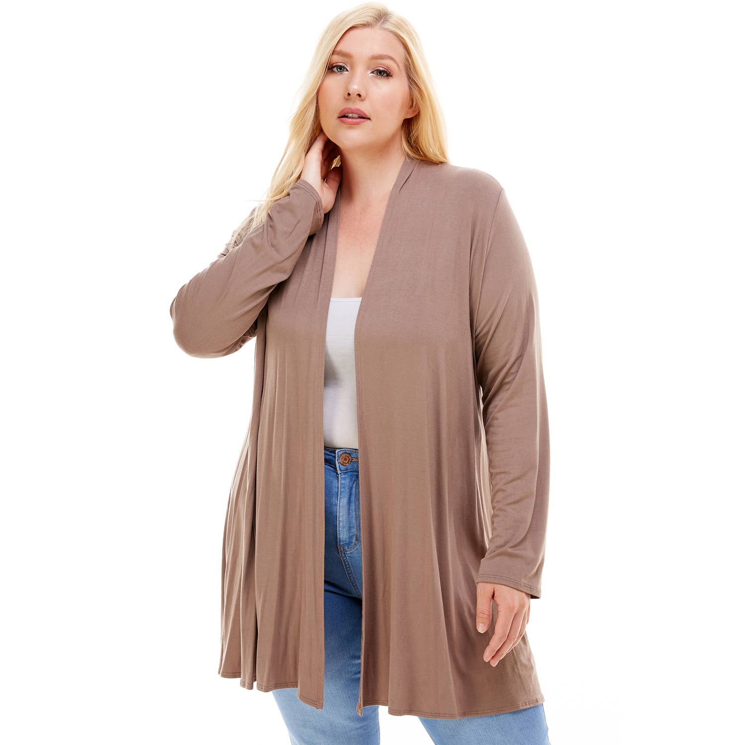 AJK-3001RSX Plus Size Long Sleeve Open Front Drape Cardigan | Made in USA | Azules Wholesale