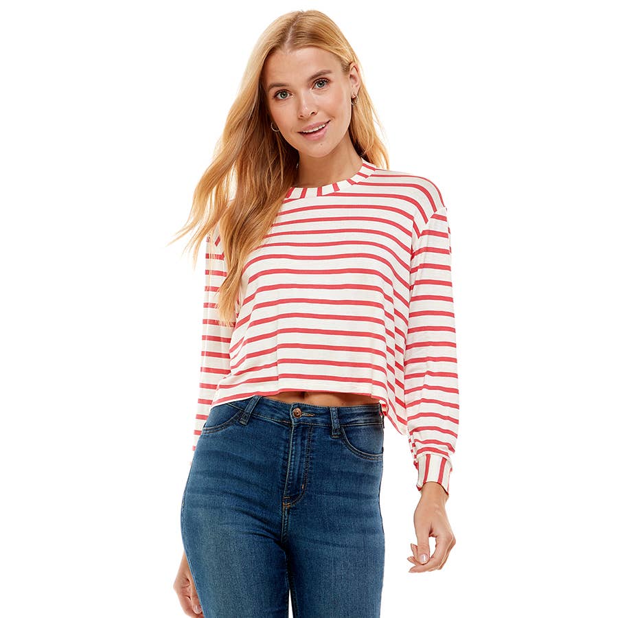 ATP-2331RS-Women's Crew Neck Stripe Print Long Sleeves Top | Made in USA | Azules Wholesale