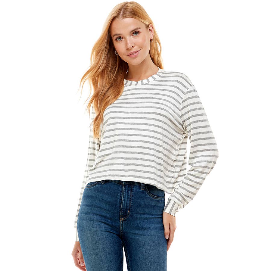 ATP-2331RS-Women's Crew Neck Stripe Print Long Sleeves Top | Made in USA | Azules Wholesale