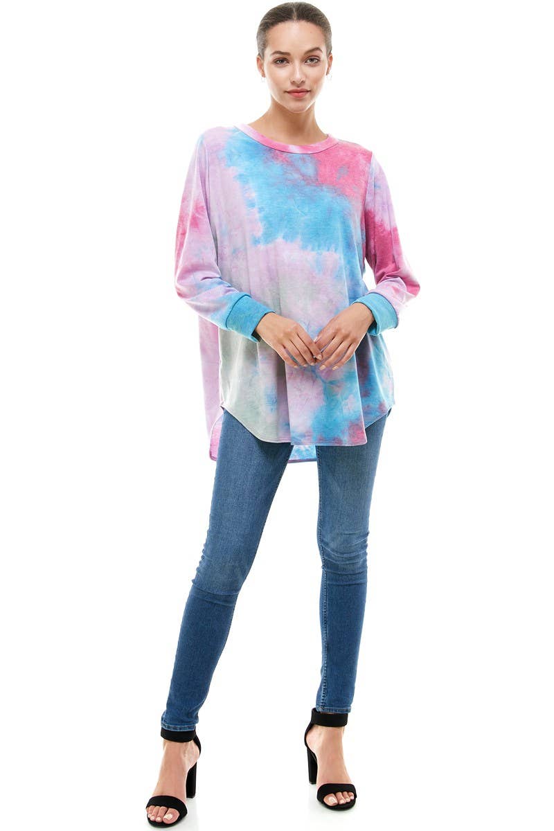 ATP-2321FT-A08 Tie Dye Oversized Long Sleeve Crew Neck Tunic | Made in USA | Azules Wholesale