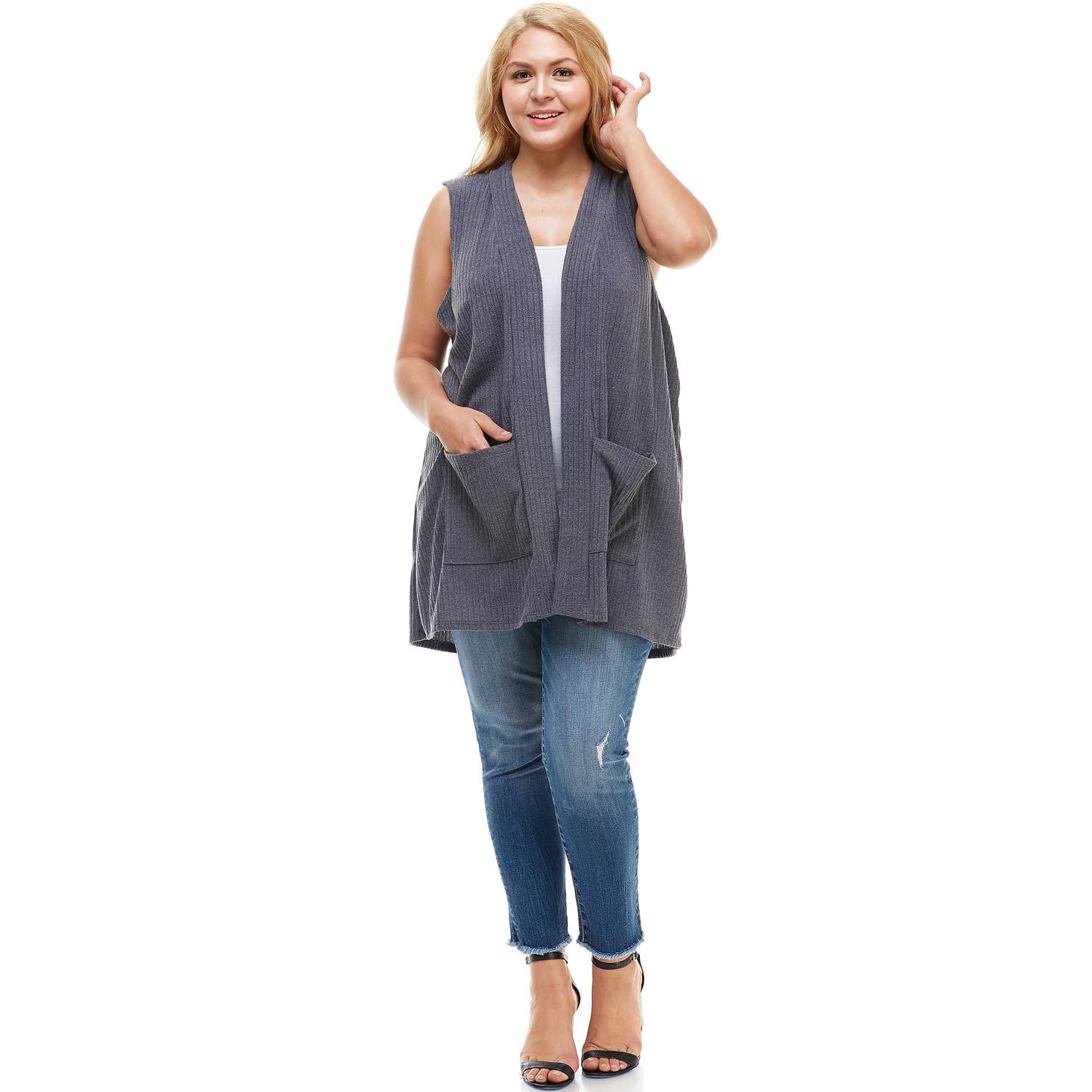 AJK-3012HC PLUS SIZE Ribbed Sleeveless Cardigan with Pockets | Made in USA | Azules Wholesale