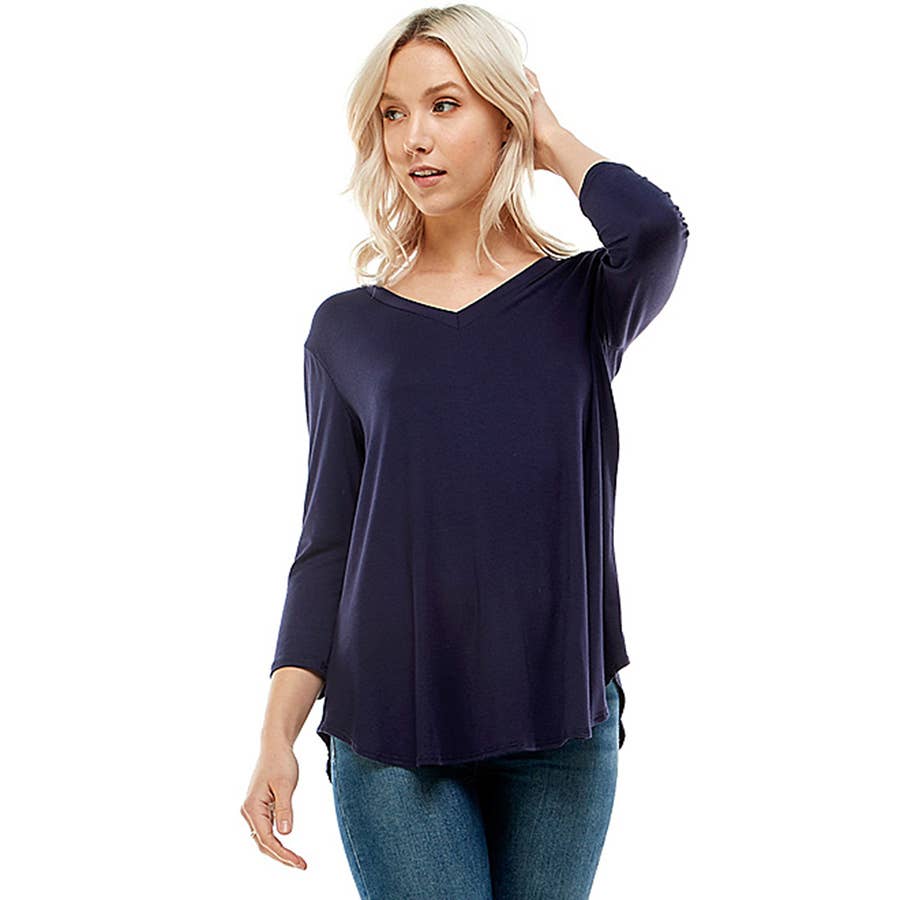 ATP-2334RS-Women's V Neck 3/4 Sleeve Tunic | Made in USA | Azules Wholesale