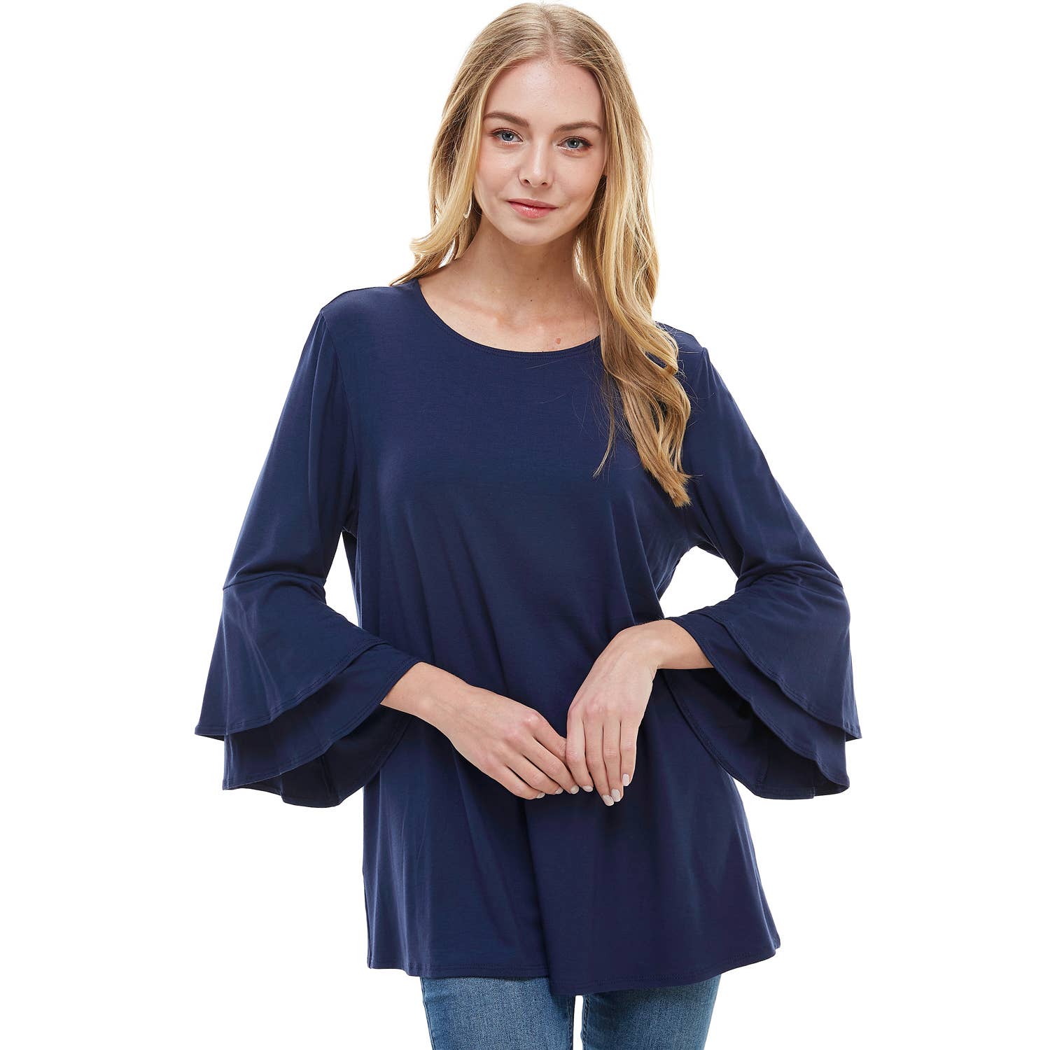 ATP-2314RS Rayon/Spandex Tunic With Double Layer Bell Sleeve | Made in USA | Azules Wholesale