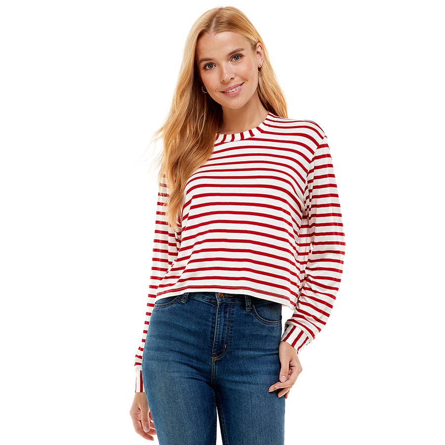 ATP-2331RS-Women's Crew Neck Stripe Print Long Sleeves Top | Made in USA | Azules Wholesale