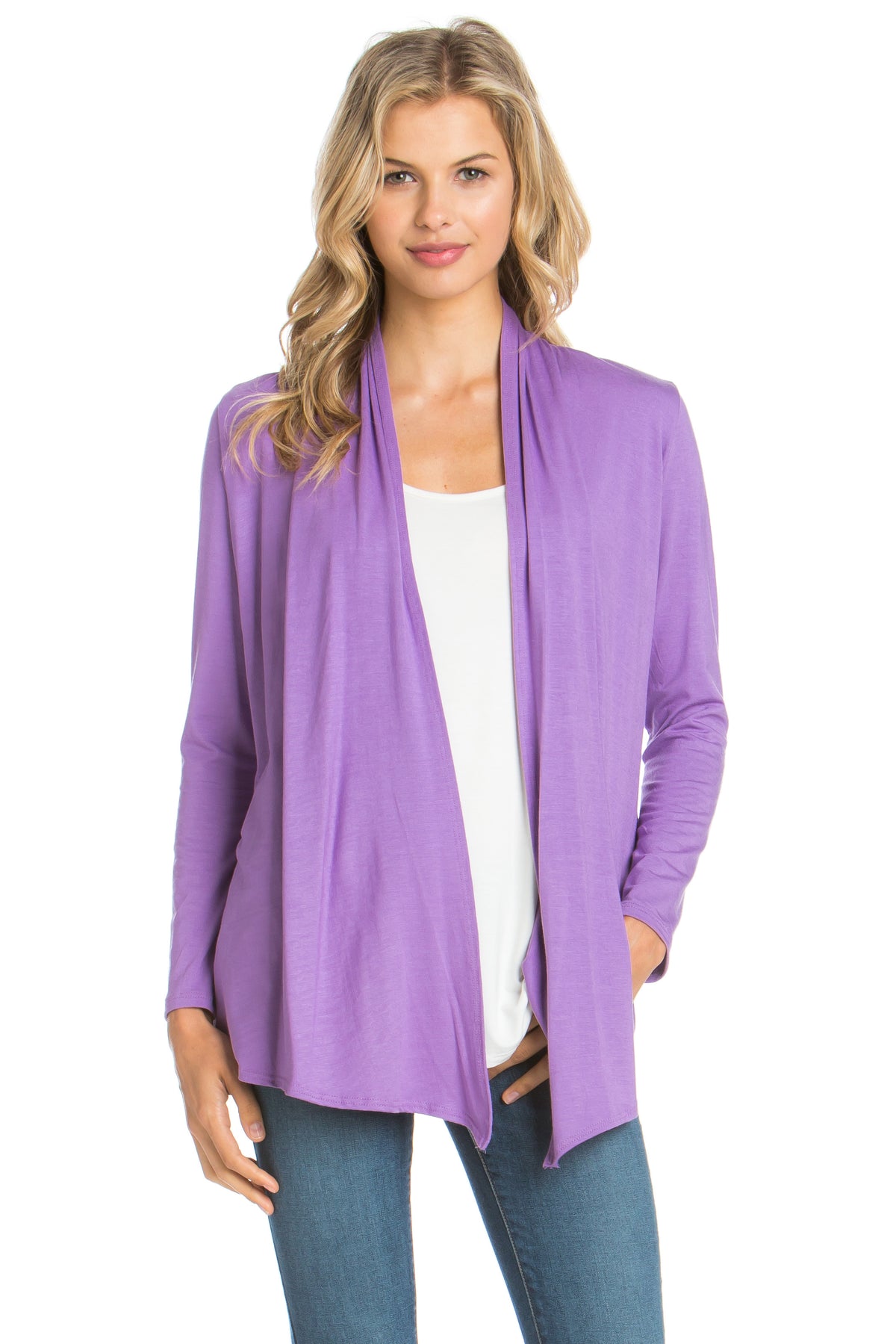 2057RS | Long Sleeve Open Front Drape Solid  Cardigan | Made in USA