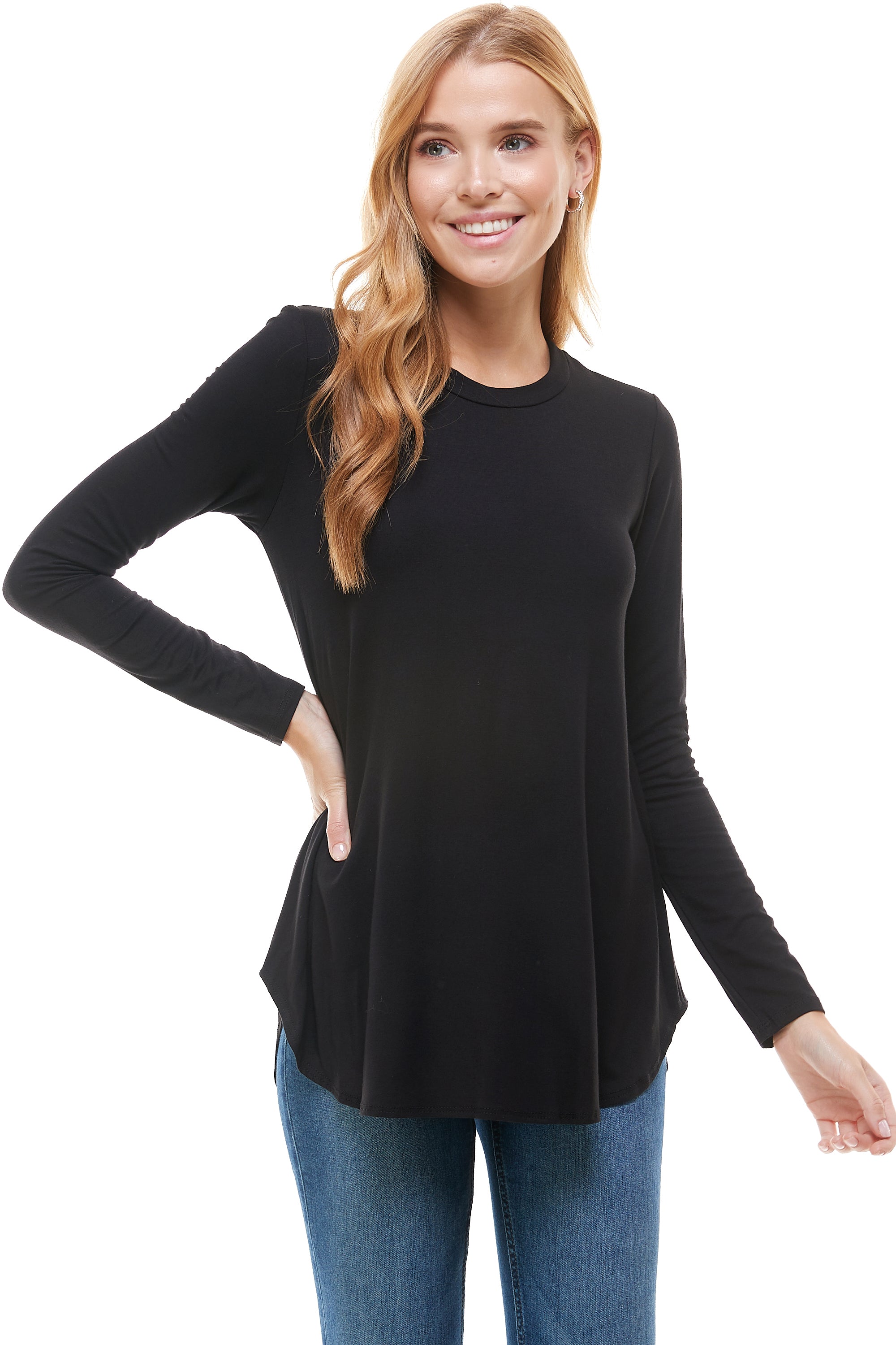 2270RS - Crew Neck Long Sleeve Top with Curved Hem | Made in USA | Azules Wholesale