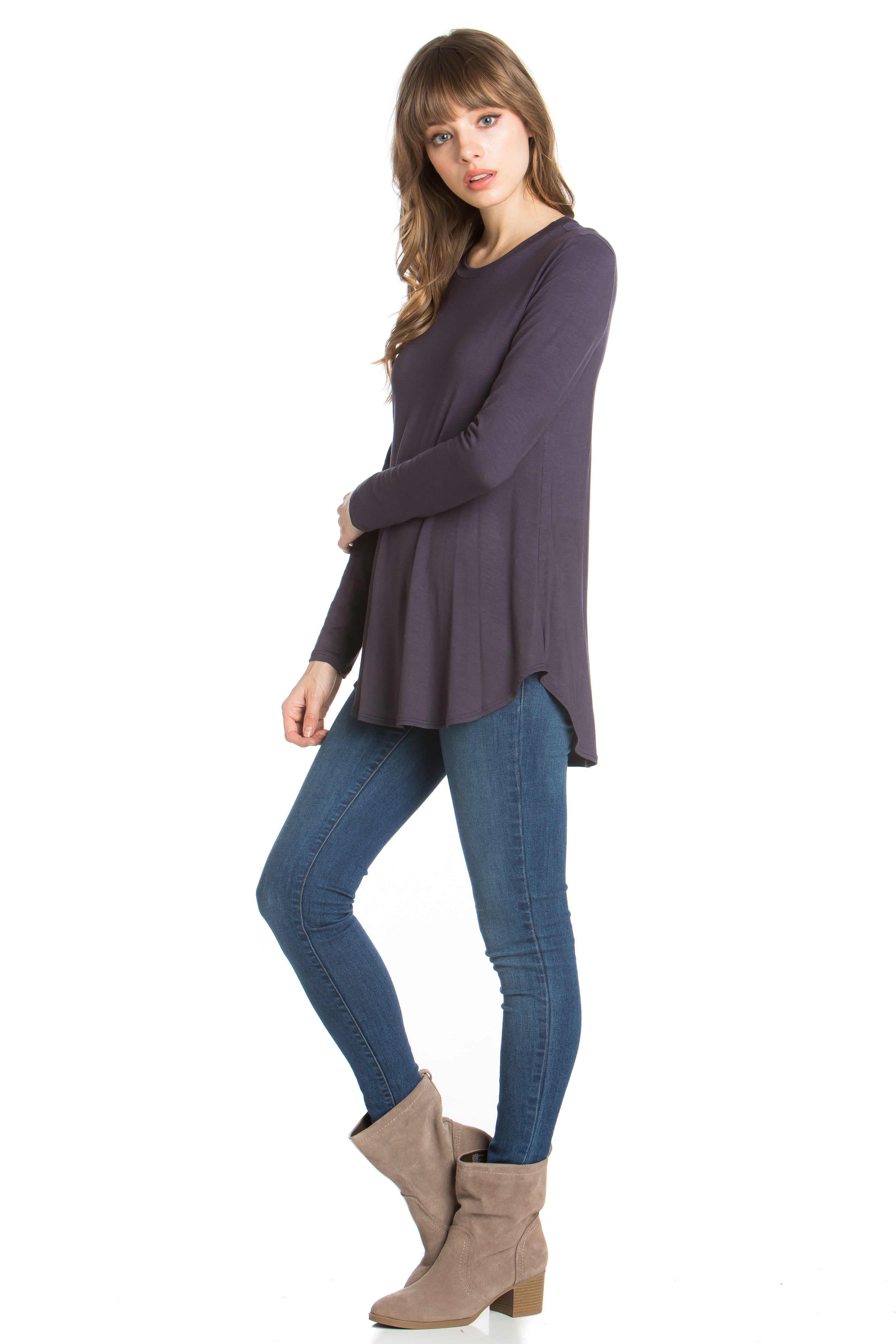 2270RS - Crew Neck Long Sleeve Top with Curved Hem | Made in USA | Azules Wholesale