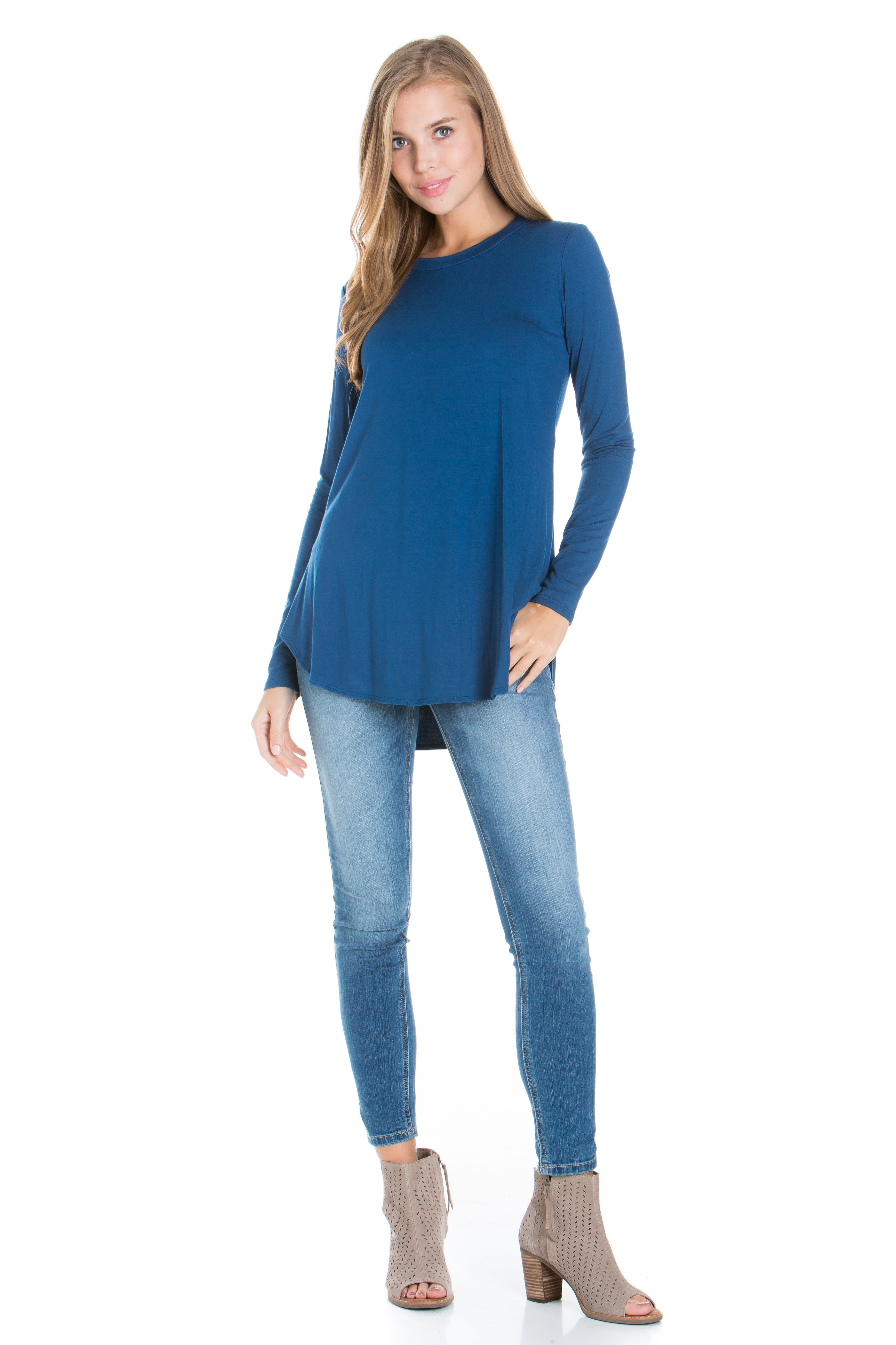 2270RS - Crew Neck Long Sleeve Top with Curved Hem | Made in USA | Azules Wholesale